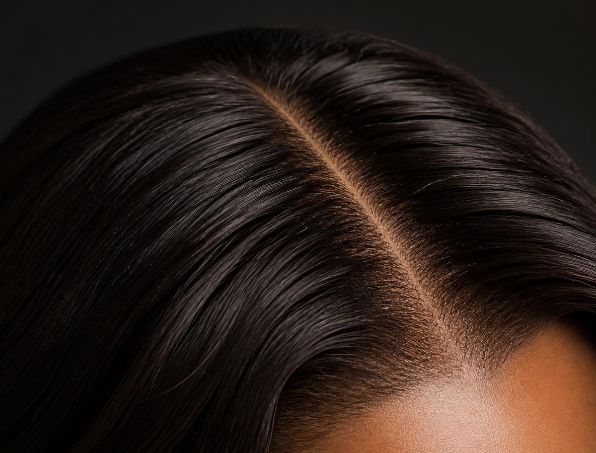 Detail of hand tied 9D micro feather hair placed on small sections of natural hair